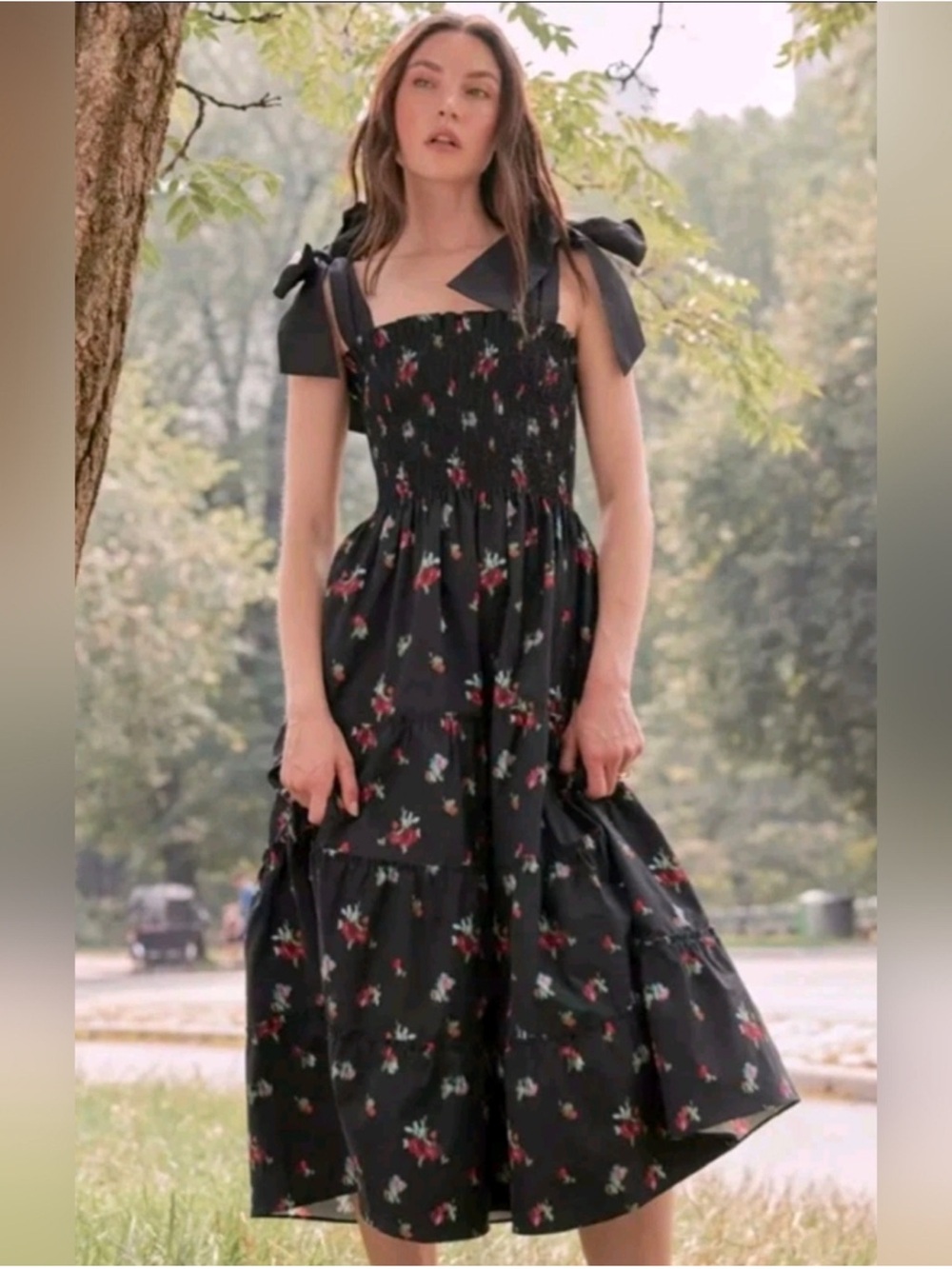 Hill House Ribbon Ellie Nap Dress Size Small in Black Ikat Floral